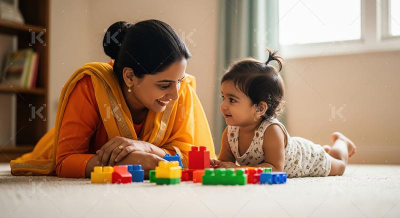 Mother playing with daughter with cube or brick toys