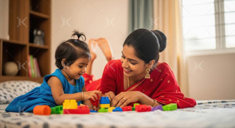 Mother playing with daughter with cube or brick toys