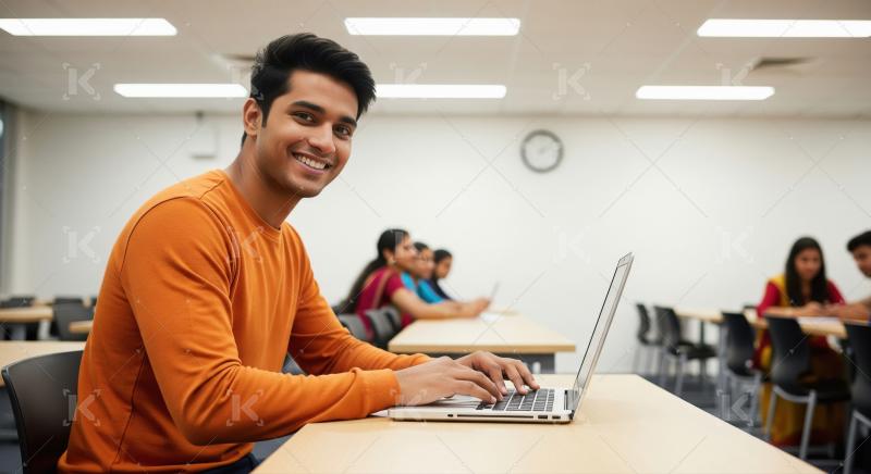 Young handsome college boy using laptop