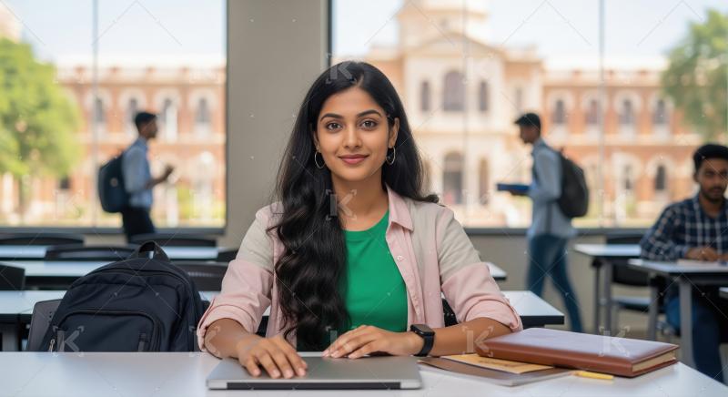 A focused university student sits in a sunlit classroom with her