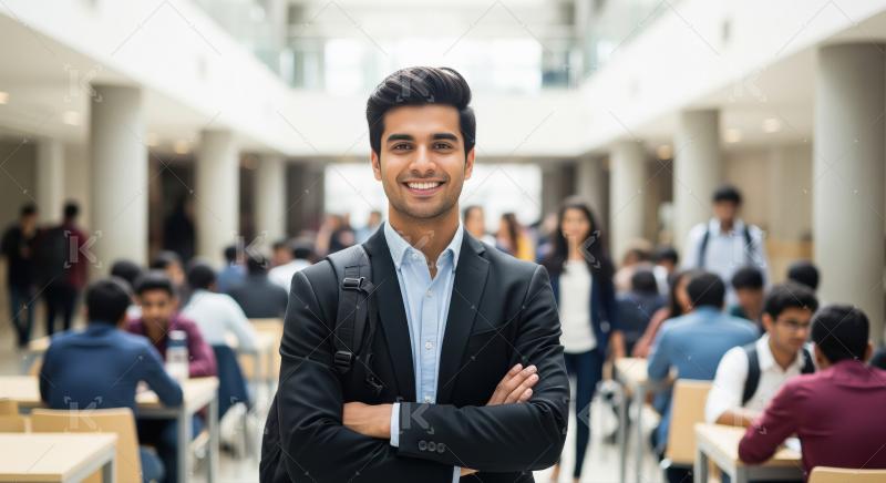A young male student stands confidently outside a modern college