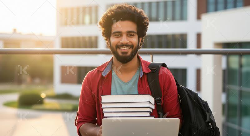 A young male student stands confidently outside a modern college