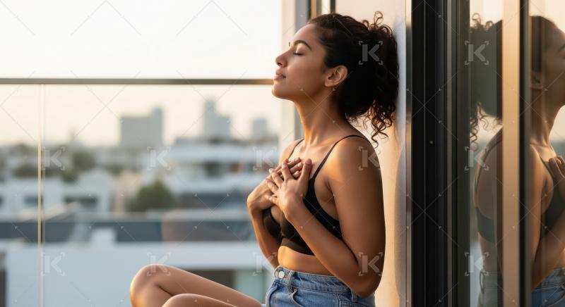 A young woman sits by a balcony with hands on her chest, appeari