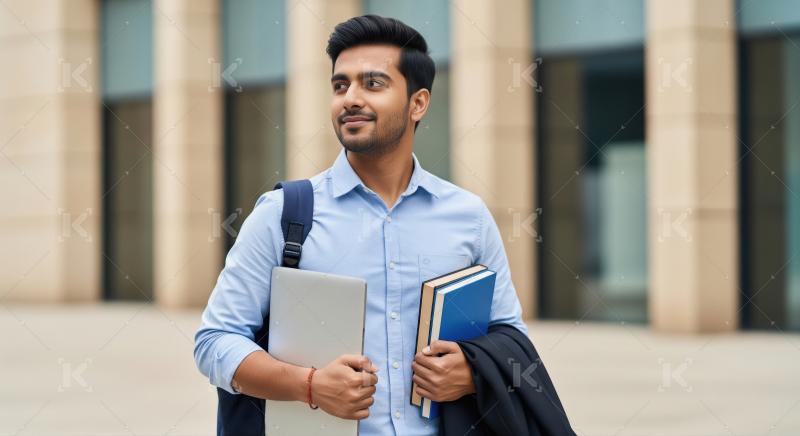 A young male student stands confidently outside a modern college