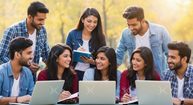 A group of students with laptops collaborate outdoors on a proje