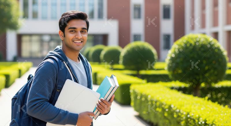 A young male student stands confidently outside a modern college