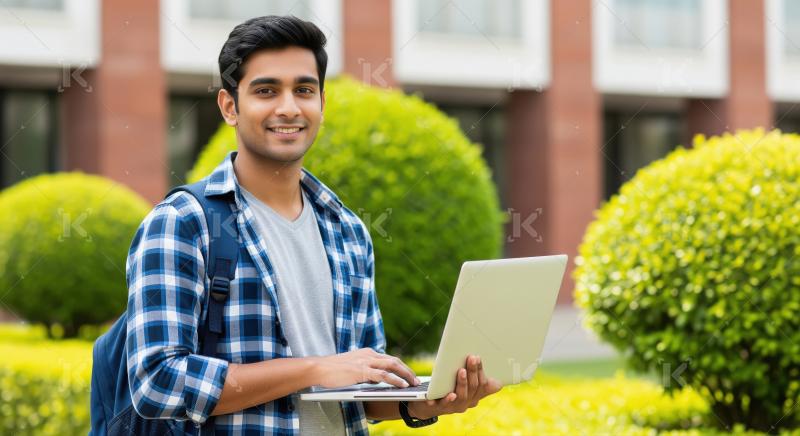 Young handsome college boy using laptop