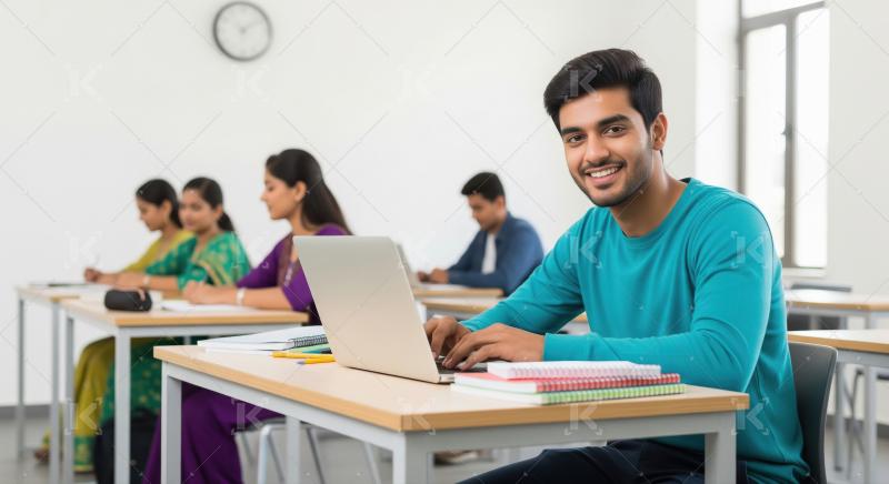 Young handsome college boy using laptop