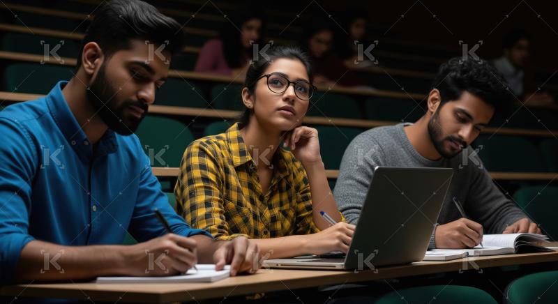 College students attend a lecture, writing notes and studying to