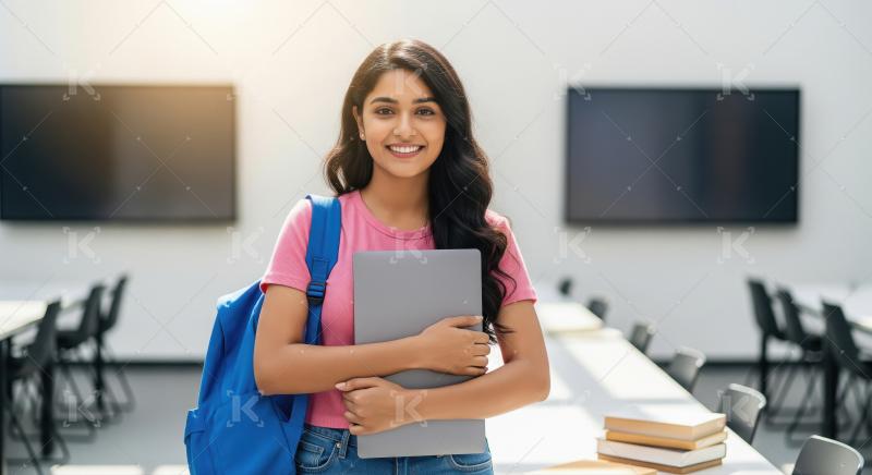 Young college girl holding tablet