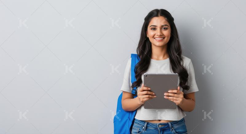 Young college girl holding tablet