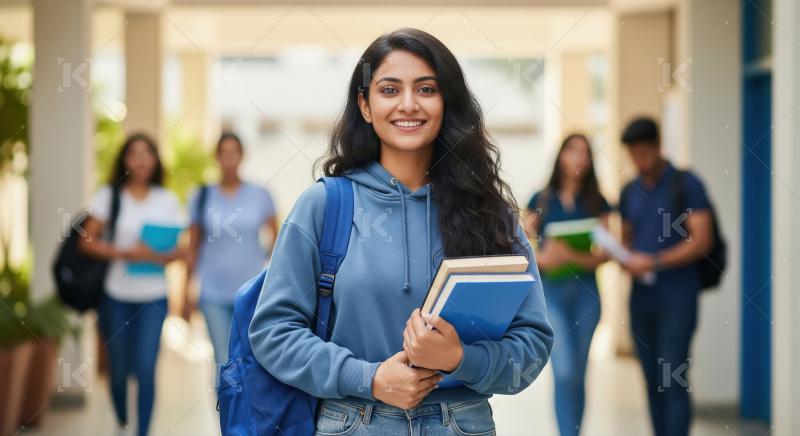 College girl holding books and backpack