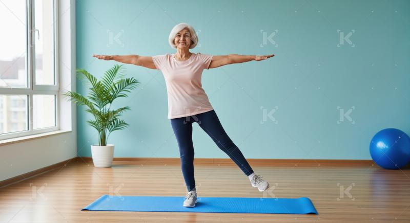 An elderly woman practices standing balance exercises with arms