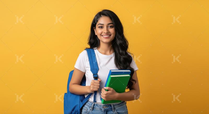 College girl holding books and backpack