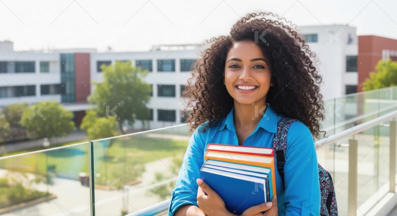 College girl holding books and backpack