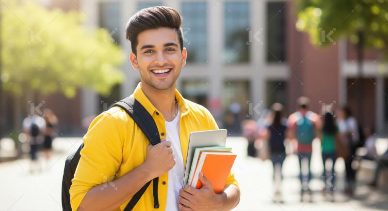 Young indian college boy holding books and backpack