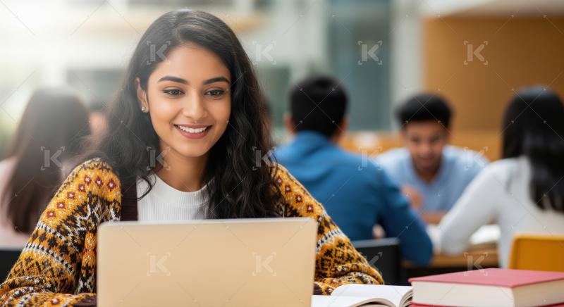 A female student in a patterned cardigan studies with a laptop a