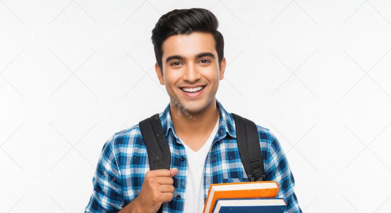 Young indian college boy holding books and backpack