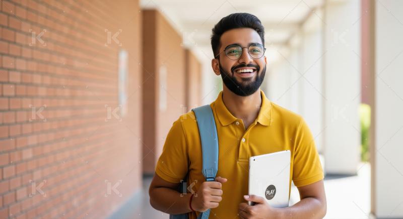 Young indian college boy holding books and backpack