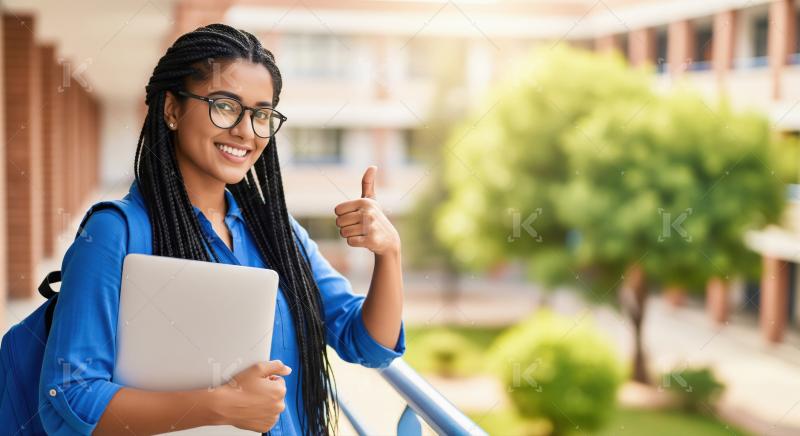 A smiling student with glasses and braids gives a thumbs-up on a