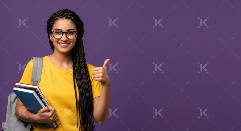 A confident student in a yellow shirt with braids and glasses gi