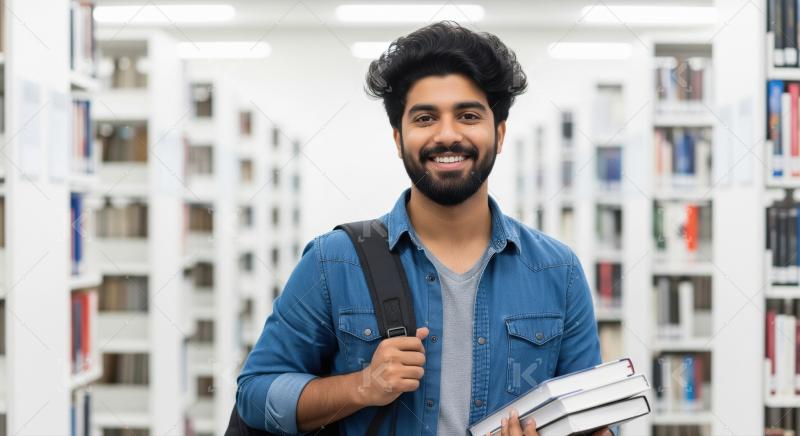Young indian college boy holding books and backpack