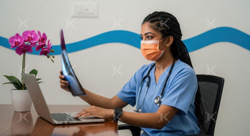 Focused doctor diligently studying X-ray while typing on her laptop.