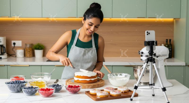 Smiling woman bakes, decorates cake, records cooking tutorial in modern kitchen.