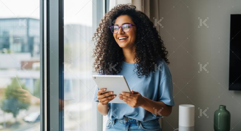 Smiling woman holding tablet, enjoying the view indoors at home.