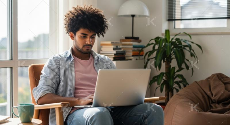 Focused man uses laptop for work or study at home.