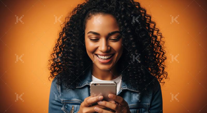 Happy woman smiling, truly engrossed in her mobile phone.