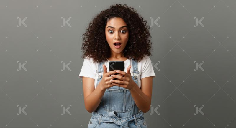 A surprised young woman reacting to something on her smartphone.