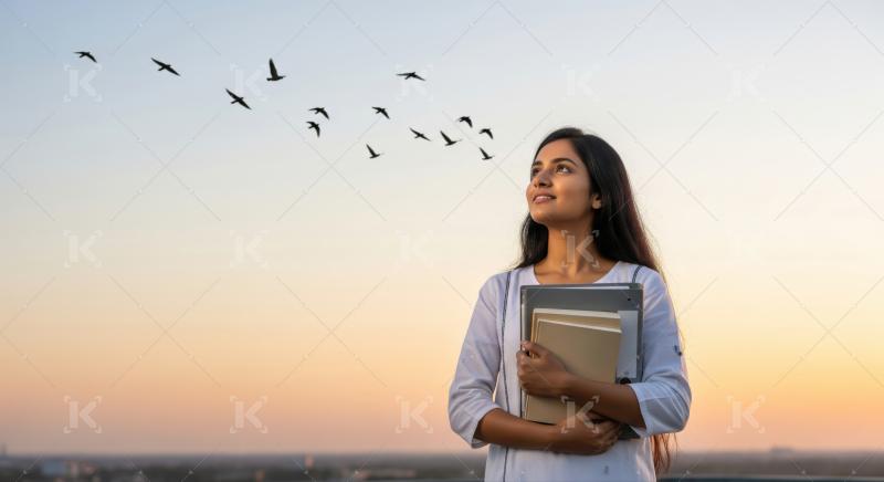Young woman holds books, gazes at flying birds, sunset.