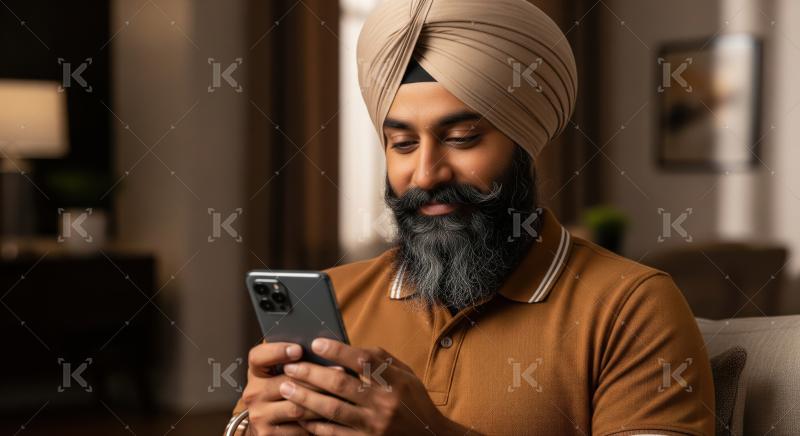 Young Sikh man intently using his smartphone in modern indoor setting.