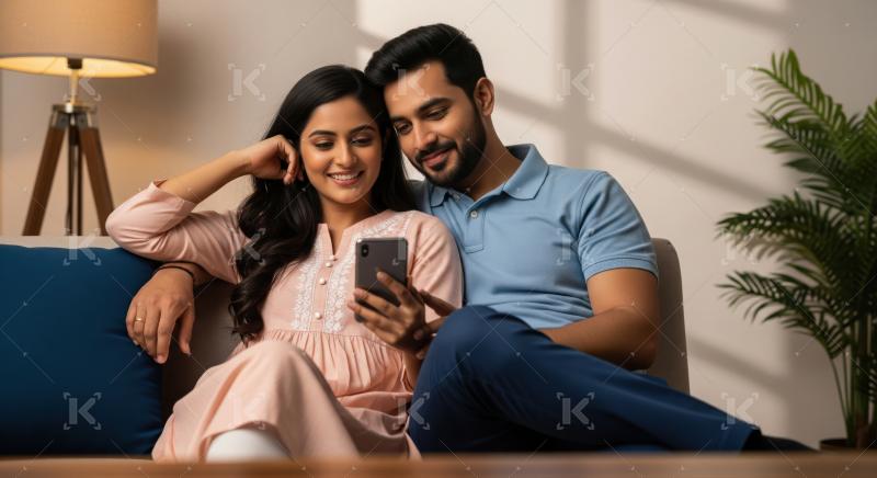 Young Indian couple happily browsing mobile content together at home.