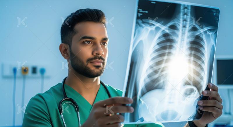 Dedicated physician analyzing patient's chest X-ray carefully in hospital setting.