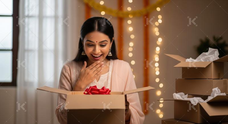 Happy Indian woman delighted opening a special surprise gift.