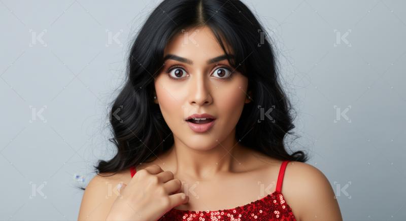Beautiful Indian woman in red expressing shock and amazement.