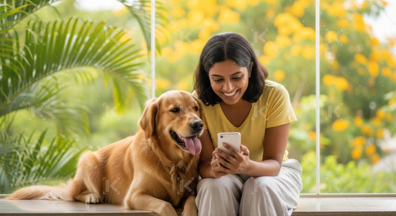 Smiling woman and dog happily browsing smartphone by window.