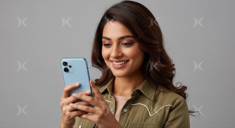 Smiling woman enjoying digital content on her modern smartphone.