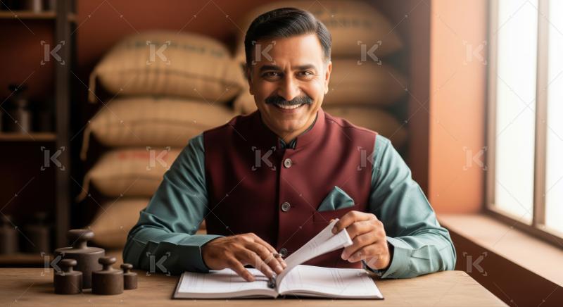 Happy Indian man smiling while checking business records.