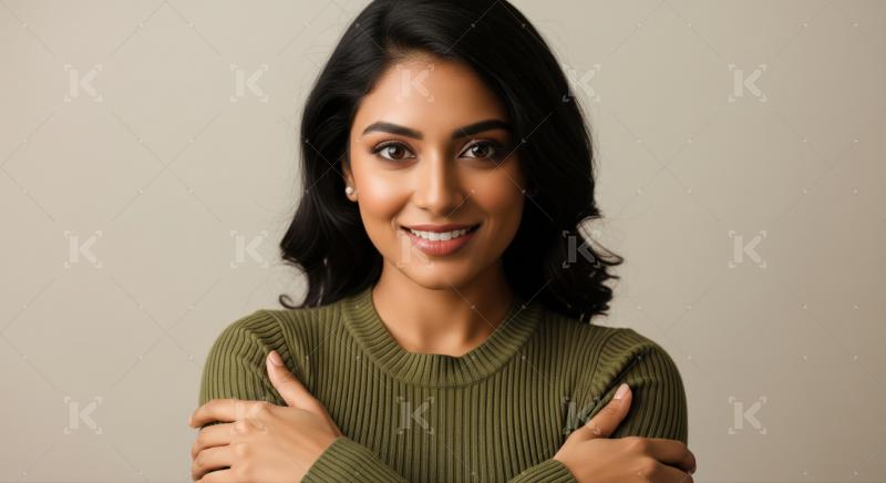 Smiling young Indian woman wearing a green ribbed sweater confidently.