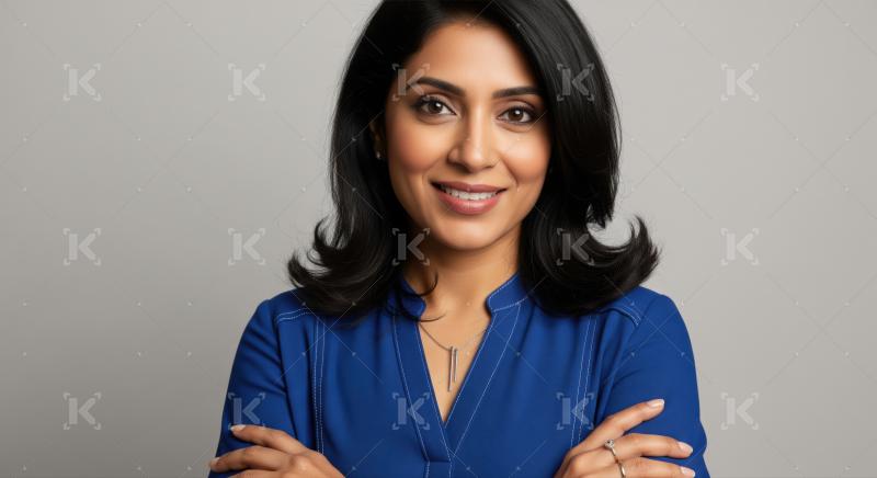 Smiling confident woman in blue professional attire portrait.