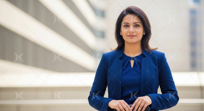 Confident Indian woman in professional blue attire, posing outdoors.