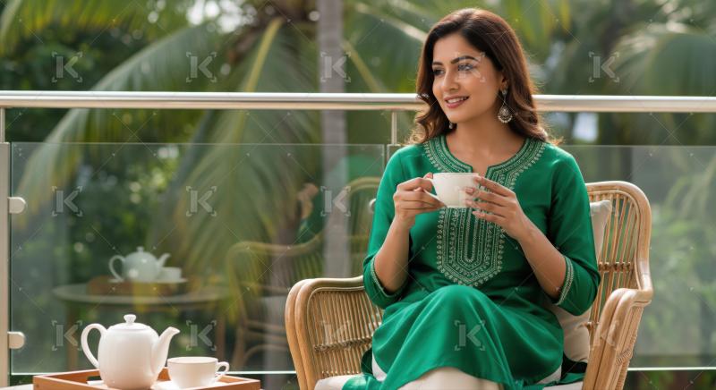 Young woman sips tea, relaxing on balcony amidst nature.