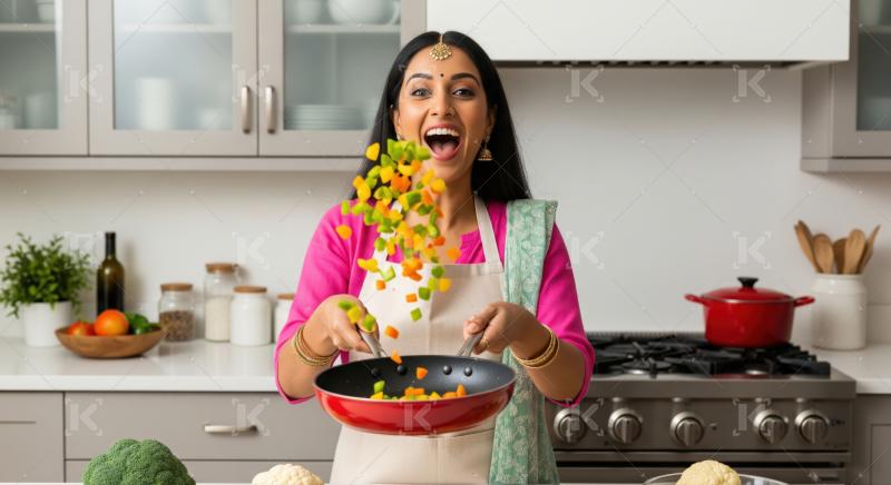 Happy Indian woman expertly prepares a vibrant, healthy meal in her kitchen.