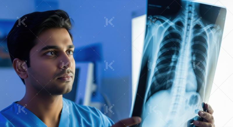 Medical professional intently examining a patient's chest X-ray.