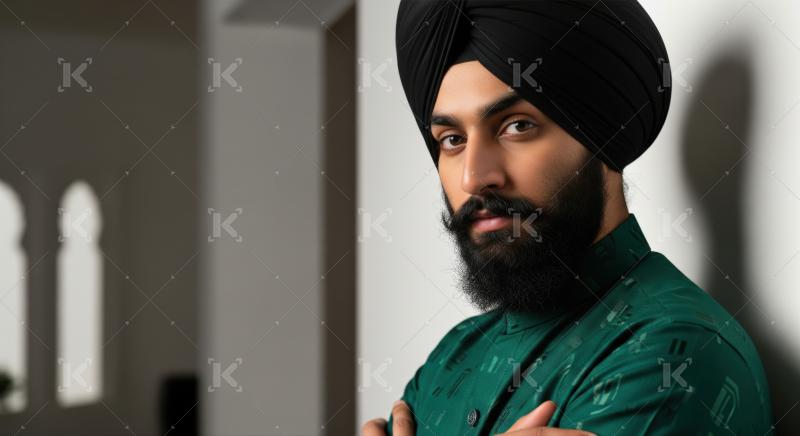 Confident young Sikh man wearing a traditional black turban and green shirt.