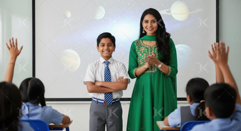Smiling teacher and student present solar system to classmates.