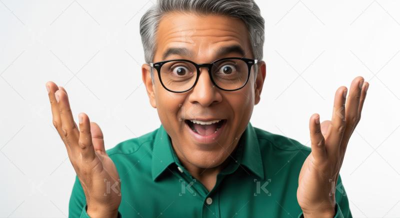 Enthusiastic man with glasses showing shock and pure happiness.